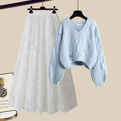 Chic Cable Knit Sweater Flower Pattern Tulle Skirt - Set F