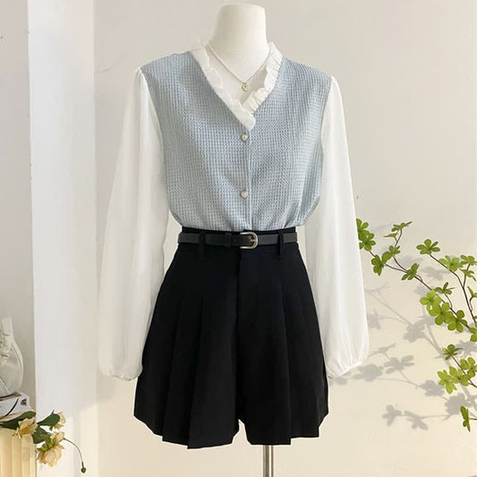 Chic Chiffon Sleeve Shirt High Waist Belted Pleated Skirt