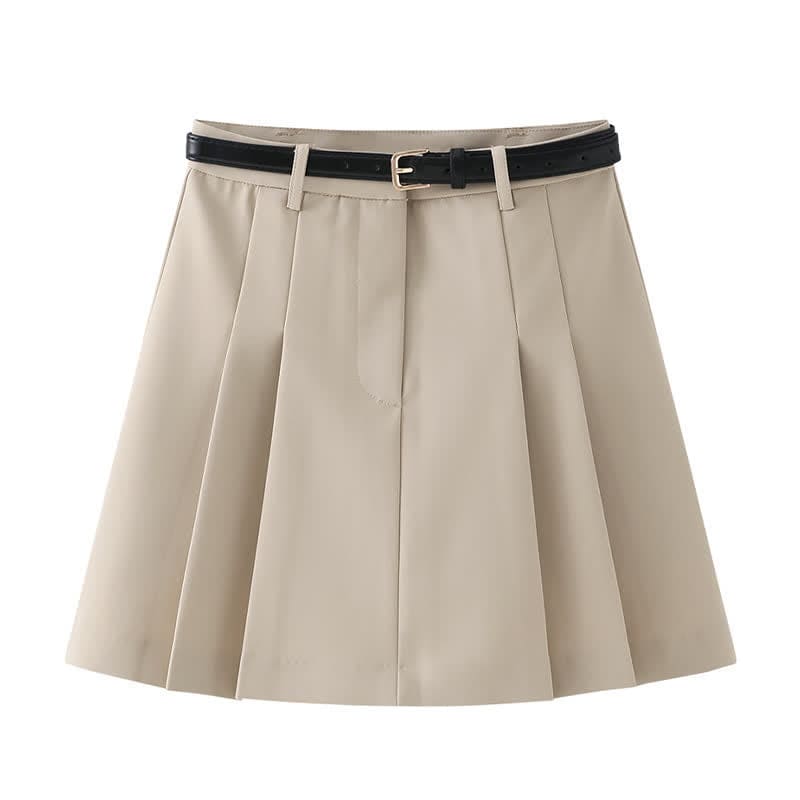 Chic Chiffon Sleeve Shirt High Waist Belted Pleated Skirt