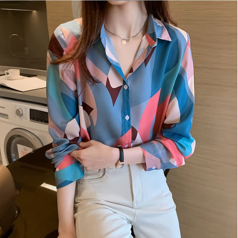 Chic Colorblock Long Sleeve Lapel Shirt - Blue / S