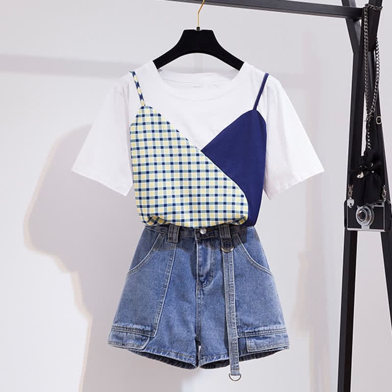 Chic Colorblock Round Collar T-Shirt Pocketed Denim Shorts