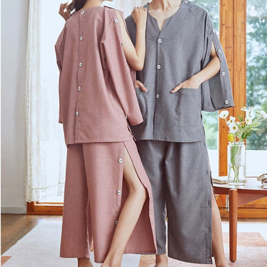 Chic Cotton Solid Color Button Cardigan Pajamas Set