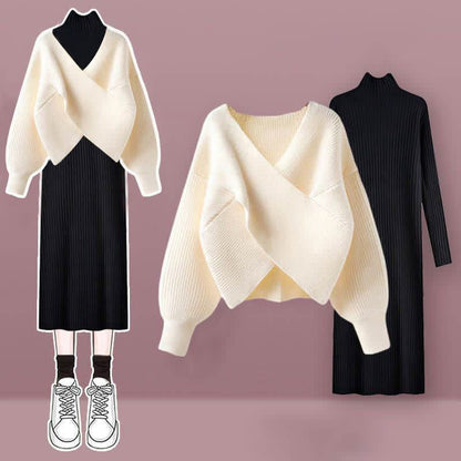 Chic Cross Knit Sweater Dress Set - Set B / M