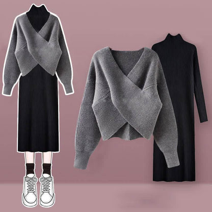 Chic Cross Knit Sweater Dress Set - Set C / M