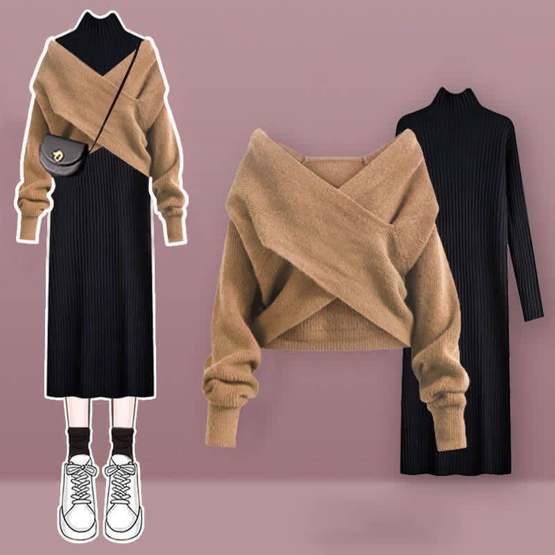 Chic Cross Knit Sweater Dress Set - Set D / M