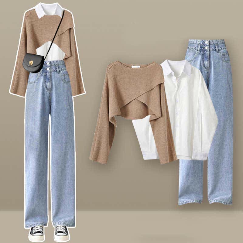 Chic Cross Knit Sweater Lapel Shirt Denim Pants Set