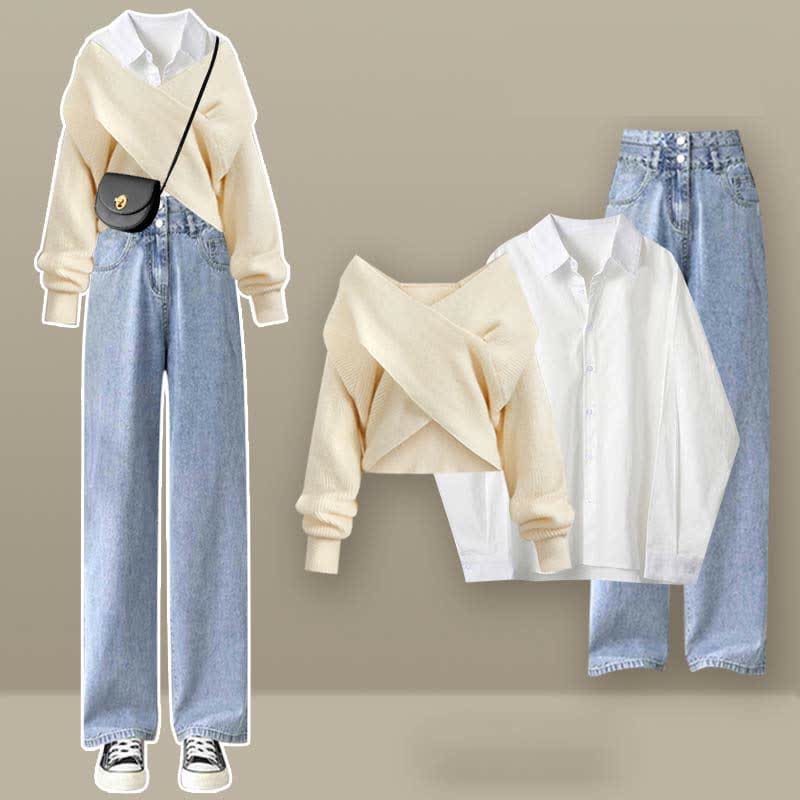 Chic Cross Knit Sweater Lapel Shirt Denim Pants Set