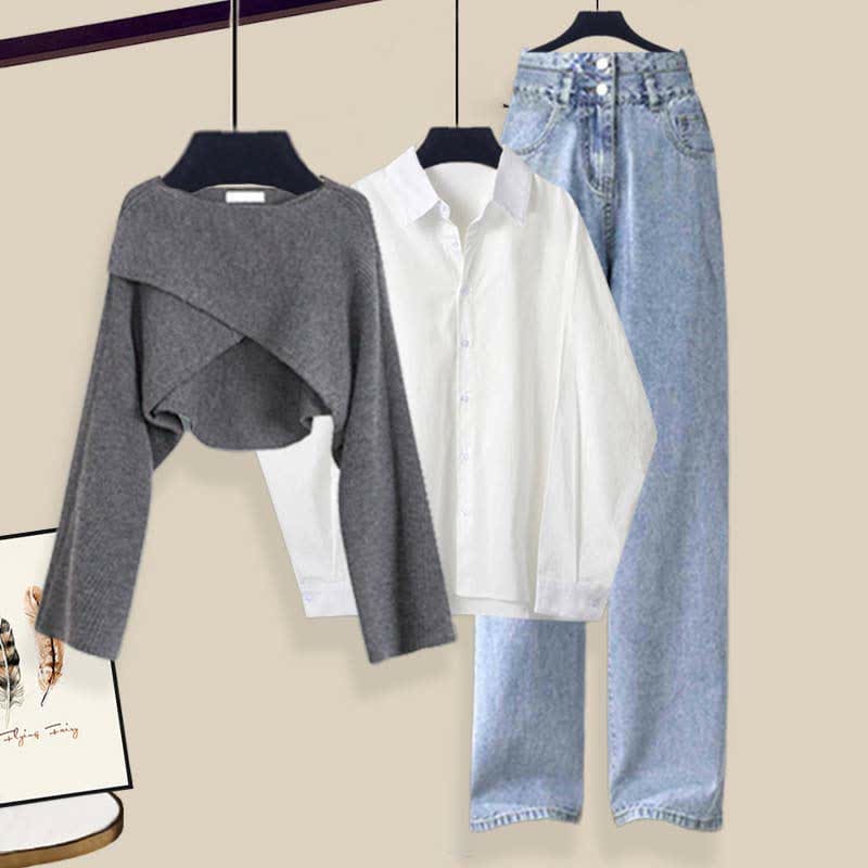 Chic Cross Knit Sweater Lapel Shirt Denim Pants Set - Gray