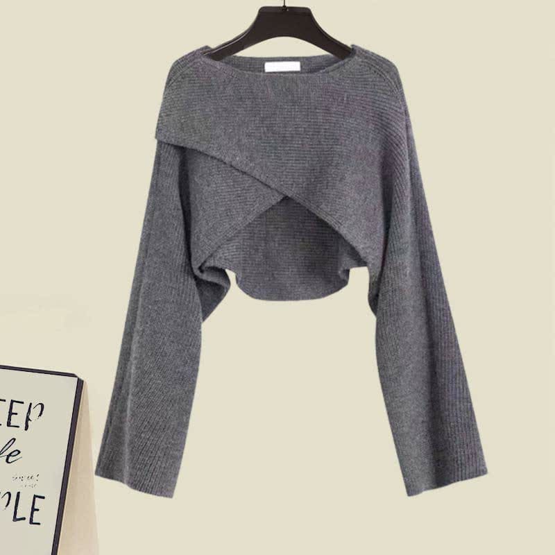 Chic Cross Knit Sweater Lapel Shirt Denim Pants Set - Gray