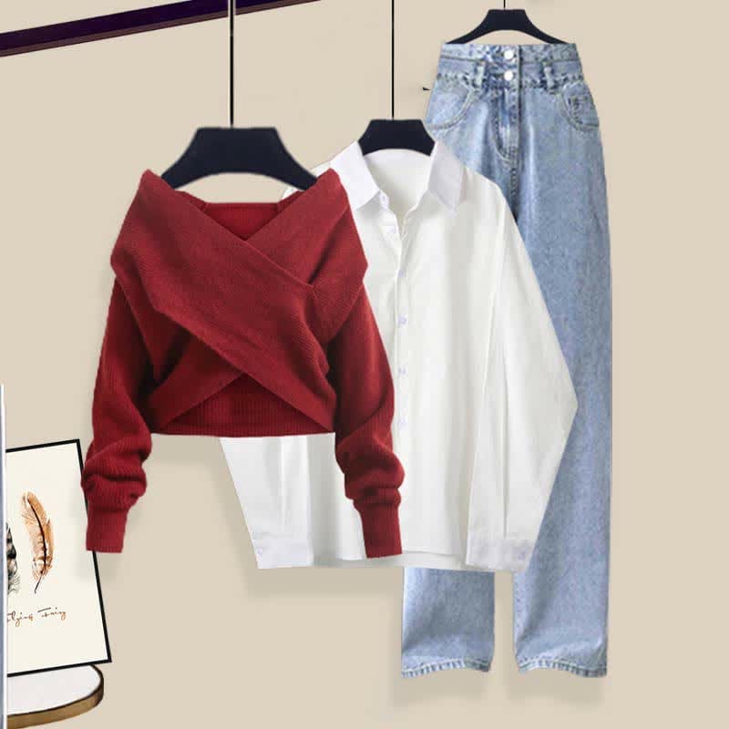 Chic Cross Knit Sweater Lapel Shirt Denim Pants Set - Red