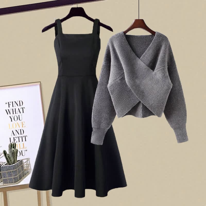 Chic Cross Knit Sweater Slip Dress Set - Set / M