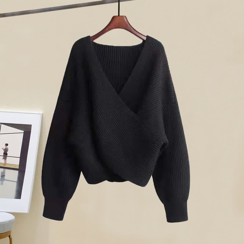 Chic Cross Sweater Knit Casual Pants - Black Top / M