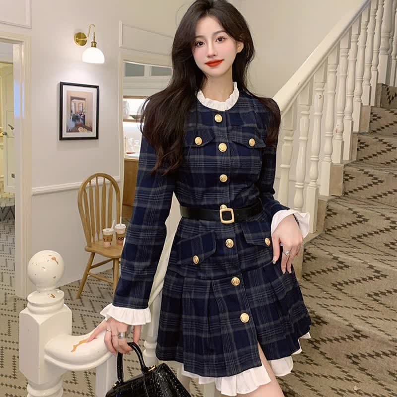 Chic Elegant Print Long Sleeve Pleated Dress - Blue / L