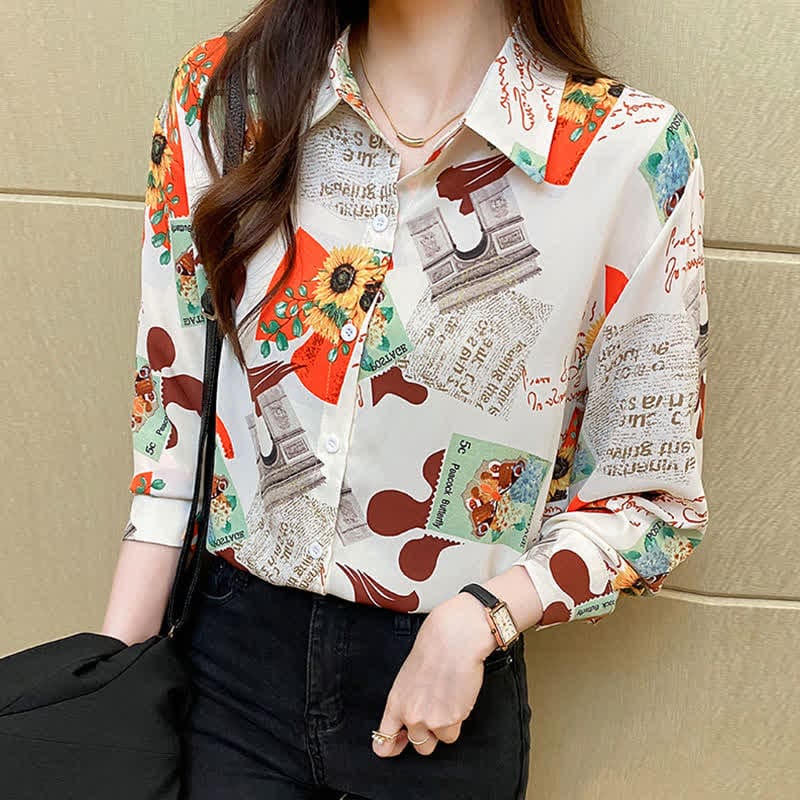 Chic Floral Letter Print Chiffon Shirt Workwear