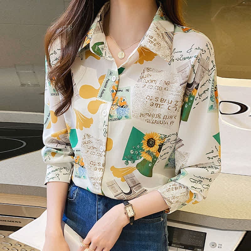 Chic Floral Letter Print Chiffon Shirt Workwear