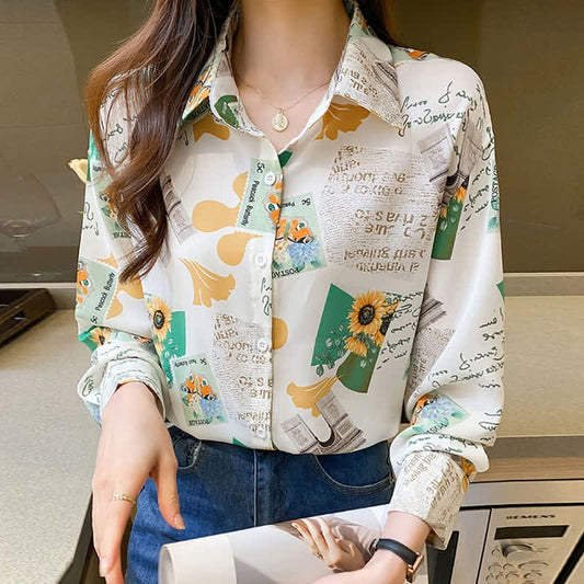 Chic Floral Letter Print Chiffon Shirt Workwear - Green / M