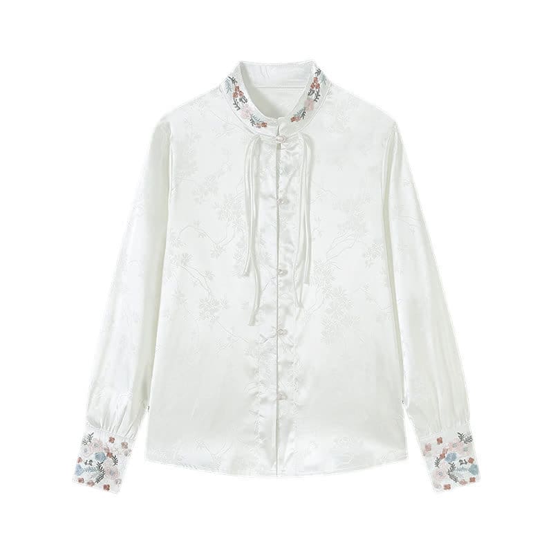 Chic Flower Embroidery Buckle Long Sleeve Shirt - White / M