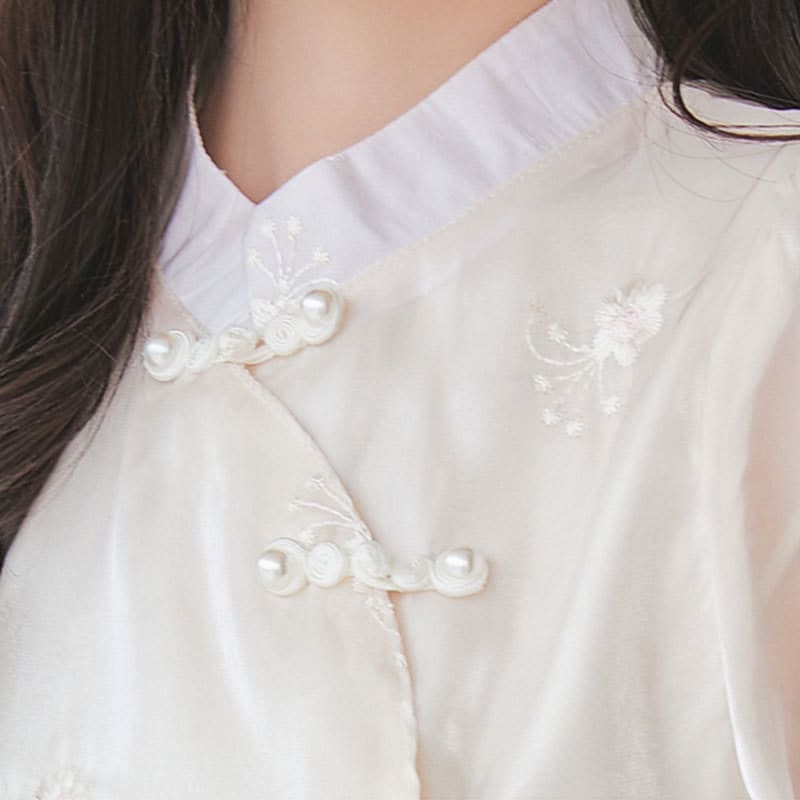 Chic Hanfu Buckle T-Shirt Lace Up Crane Embroidery Pleated