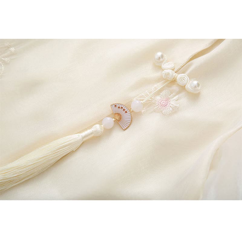 Chic Hanfu Buckle T-Shirt Lace Up Crane Embroidery Pleated