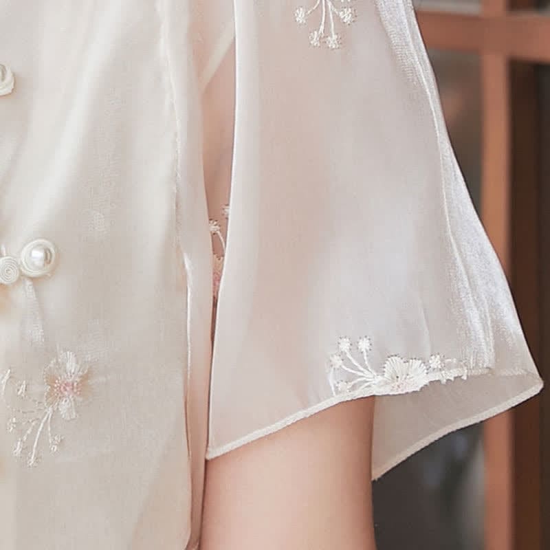 Chic Hanfu Buckle T-Shirt Lace Up Crane Embroidery Pleated