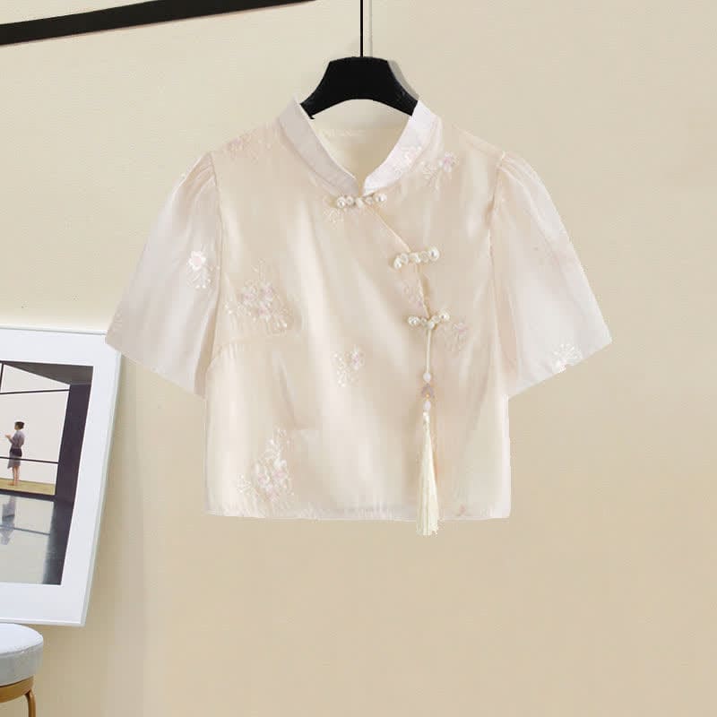 Chic Hanfu Buckle T-Shirt Lace Up Crane Embroidery Pleated