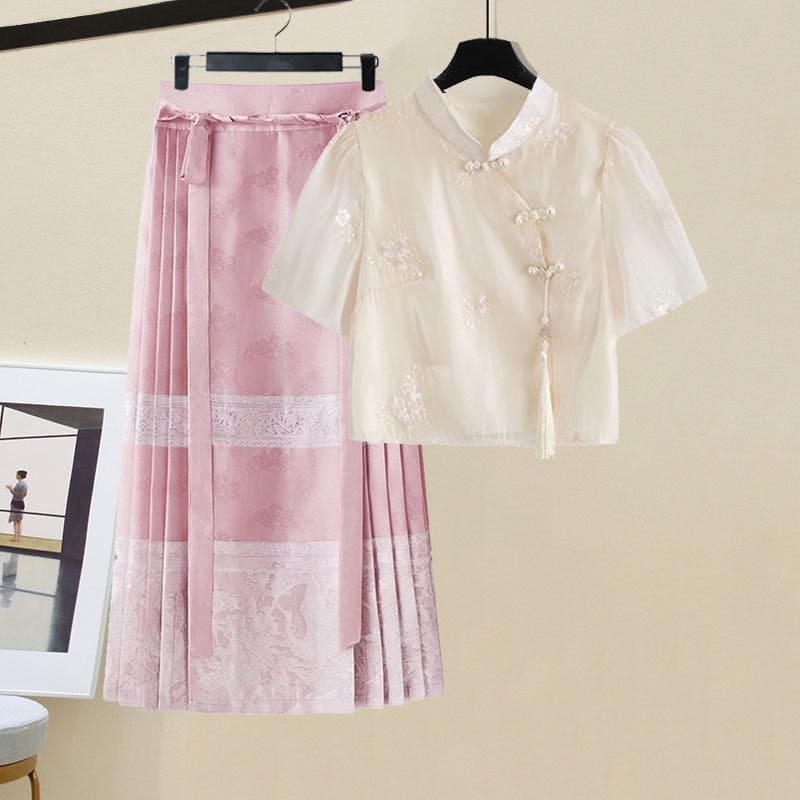 Chic Hanfu Buckle T-Shirt Lace Up Crane Embroidery Pleated