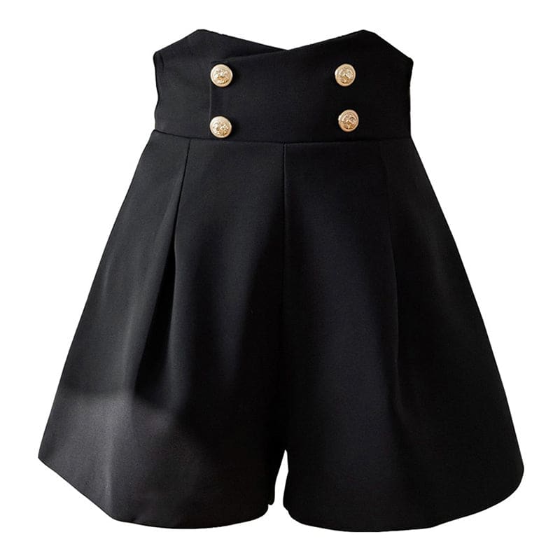 Chic High Waist Buttons Casual Shorts - Black / S