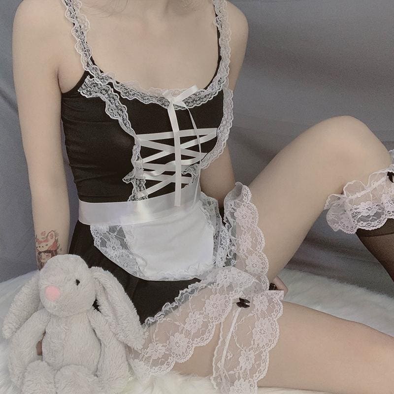 Chic Japanese Maid Lace Bow Lingerie Dress