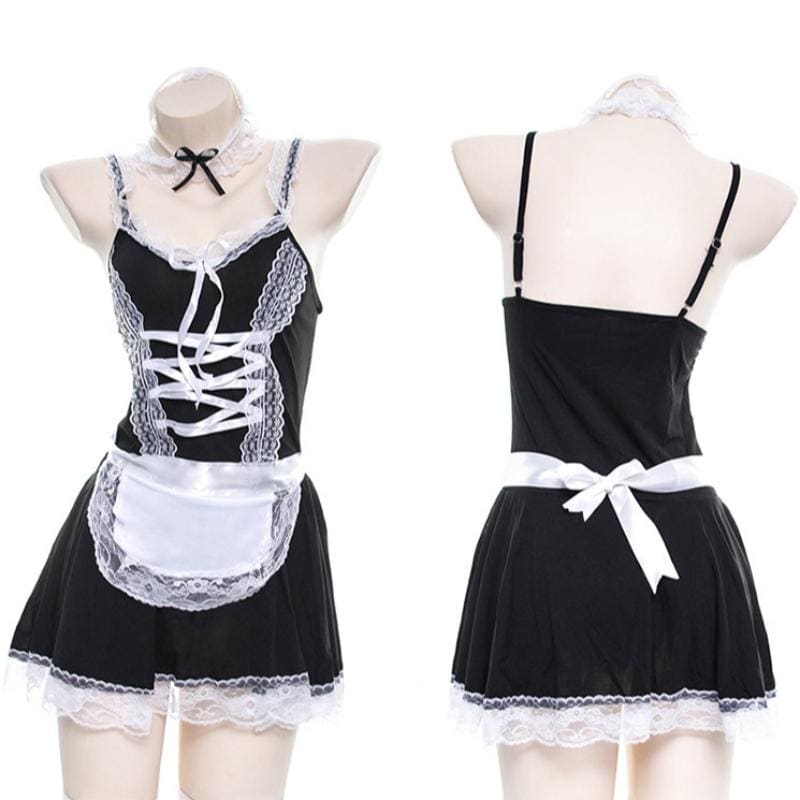 Chic Japanese Maid Lace Bow Lingerie Dress - Black & White