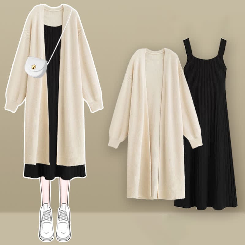 Chic Knit Cardigan Outerwear Slip Dress Set - Apricot