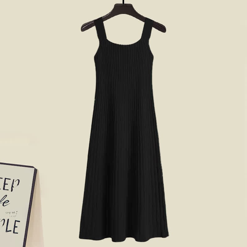 Chic Knit Cardigan Outerwear Slip Dress Set - Black Dress