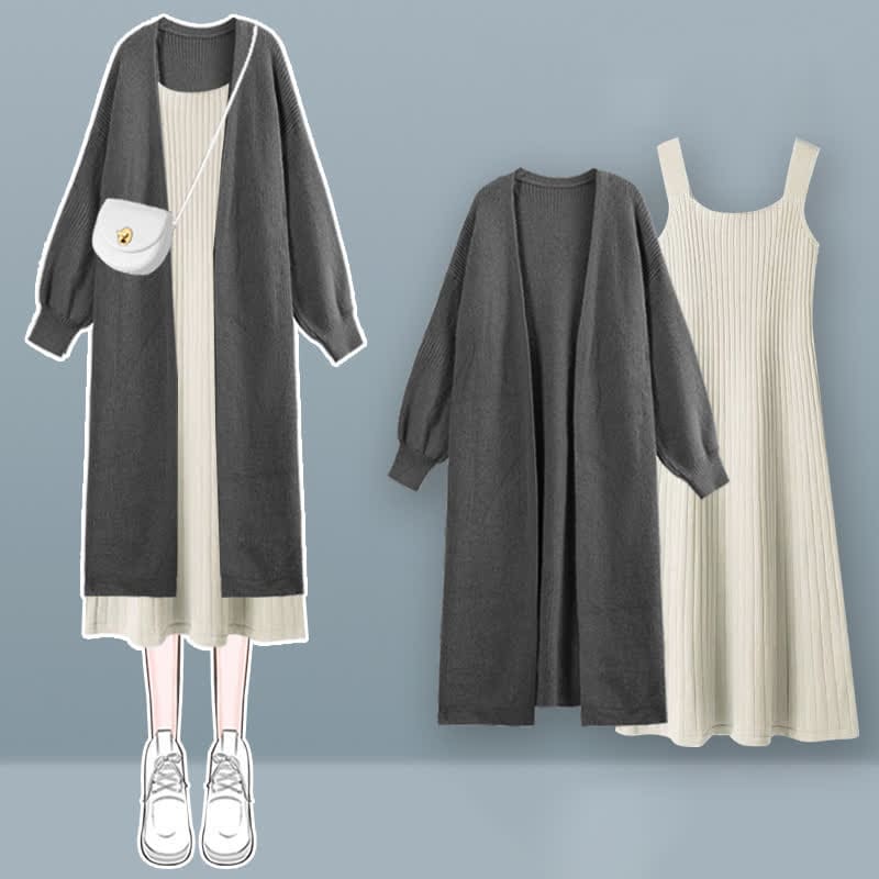 Chic Knit Cardigan Outerwear Slip Dress Set - Gray Cardigan