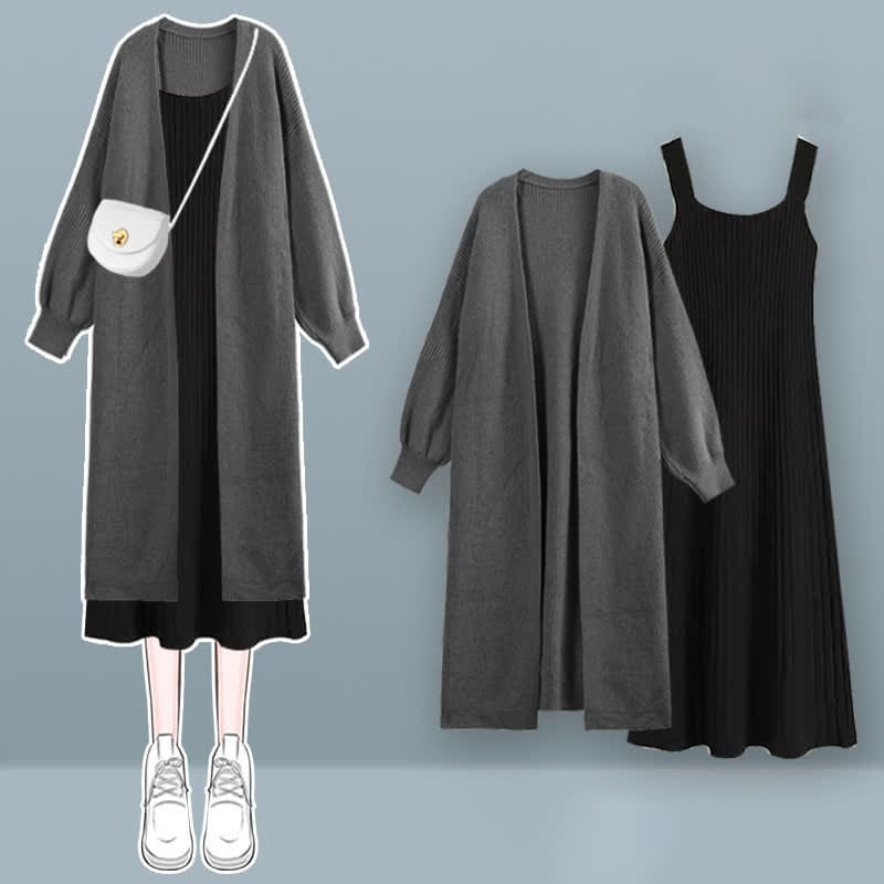 Chic Knit Cardigan Outerwear Slip Dress Set - Gray Cardigan