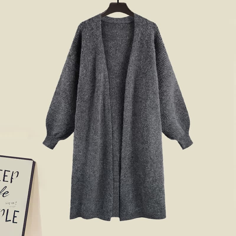 Chic Knit Cardigan Outerwear Slip Dress Set - Gray Cardigan