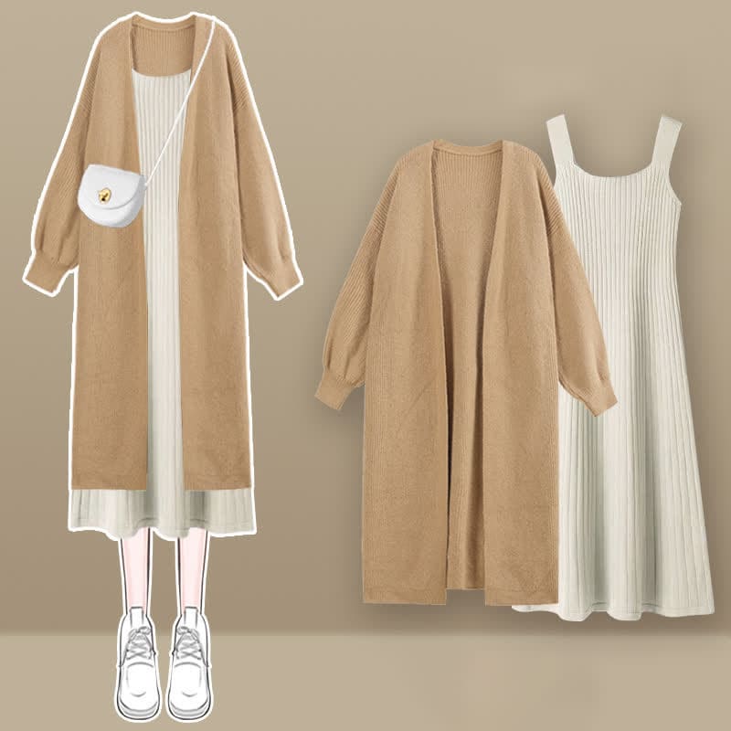 Chic Knit Cardigan Outerwear Slip Dress Set - Khaki