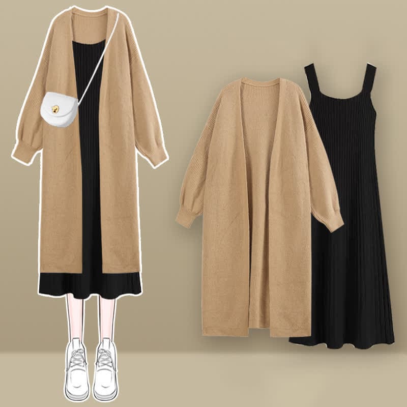 Chic Knit Cardigan Outerwear Slip Dress Set - Khaki