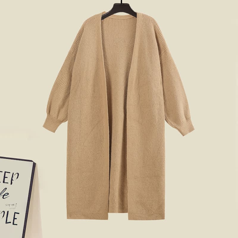 Chic Knit Cardigan Outerwear Slip Dress Set - Khaki