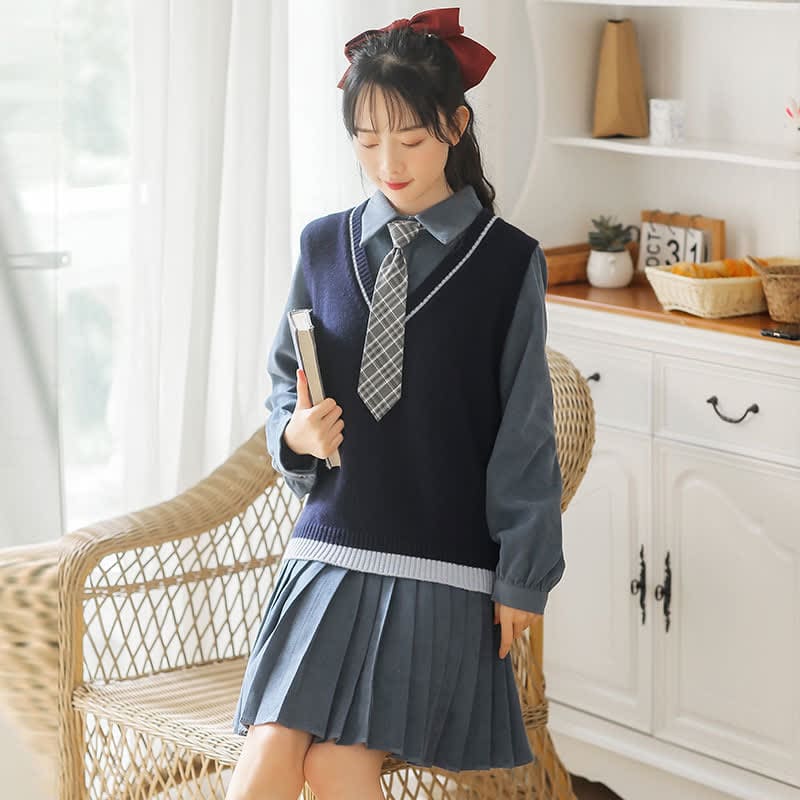 Chic Knit Vest Lapel Tie Pleated Shirt Dress Set