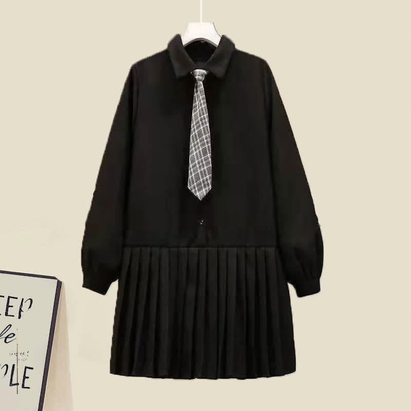 Chic Knit Vest Lapel Tie Pleated Shirt Dress Set - Black