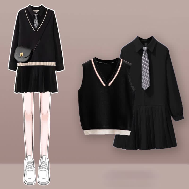 Chic Knit Vest Lapel Tie Pleated Shirt Dress Set - Black