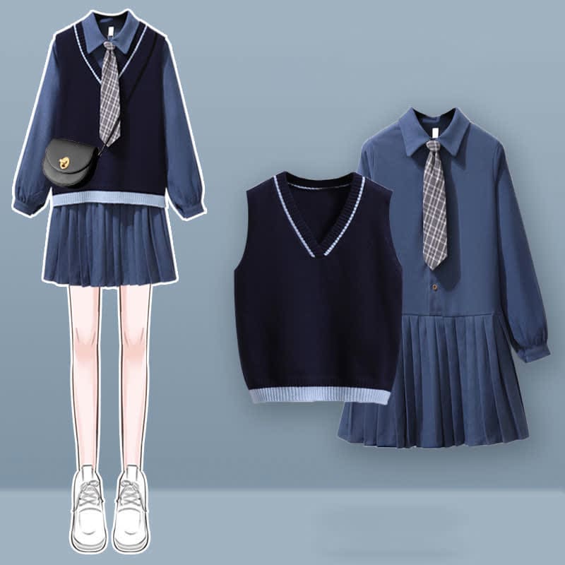 Chic Knit Vest Lapel Tie Pleated Shirt Dress Set - Blue Set