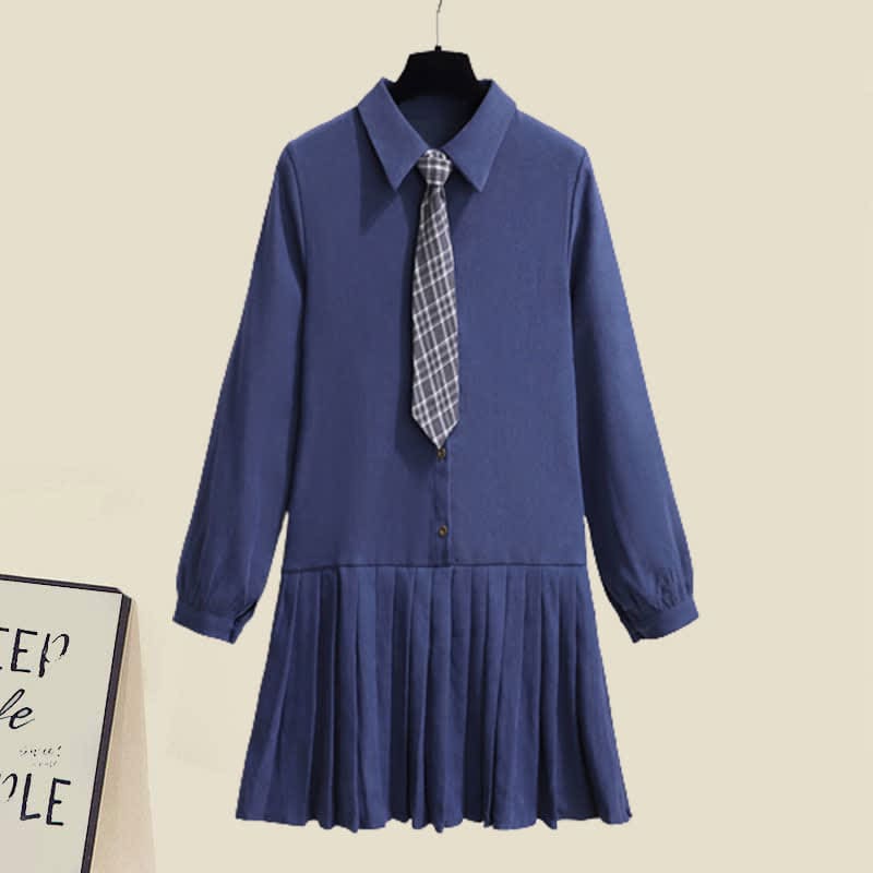 Chic Knit Vest Lapel Tie Pleated Shirt Dress Set - Blue