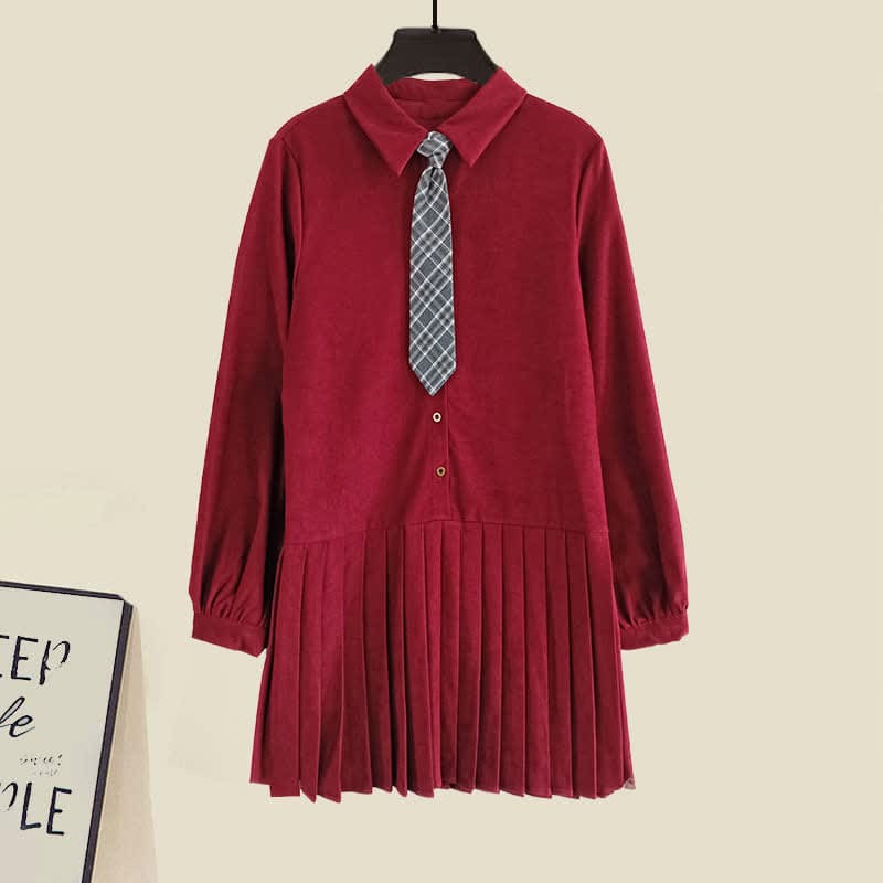 Chic Knit Vest Lapel Tie Pleated Shirt Dress Set - Red