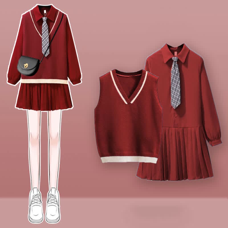 Chic Knit Vest Lapel Tie Pleated Shirt Dress Set - Red Set