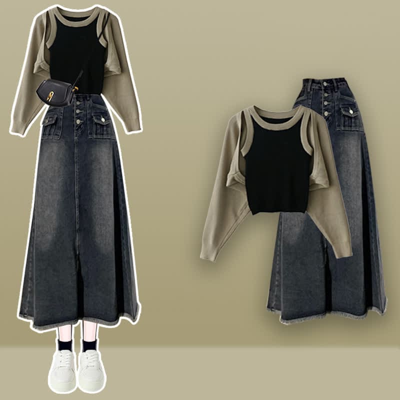 Chic Knitted Cardiagn Cami Top Denim Skirt - Set C / M