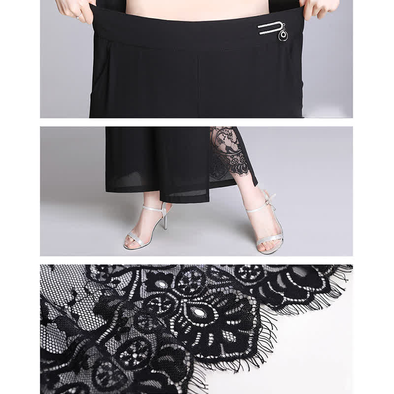 Chic Lace Stitching Split Wide Leg Pants