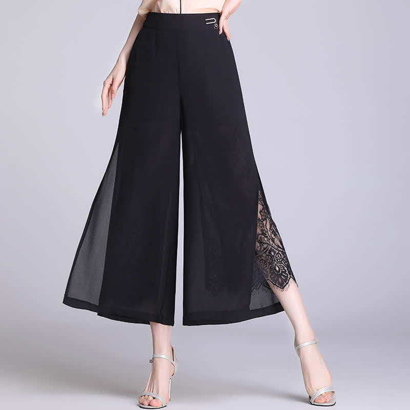 Chic Lace Stitching Split Wide Leg Pants - Black / M