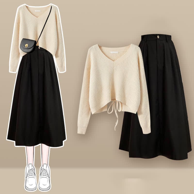 Chic Lace Up Knit Sweater A-line Skirt Set - Apricot Set / M