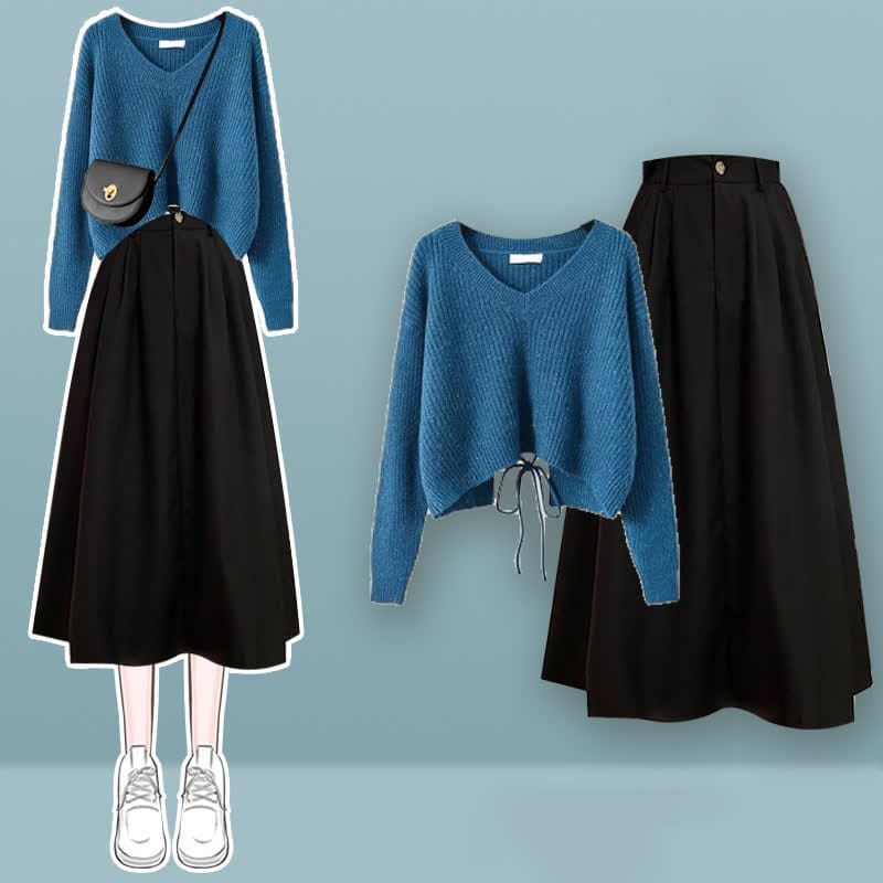 Chic Lace Up Knit Sweater A-line Skirt Set - Blue Set / M