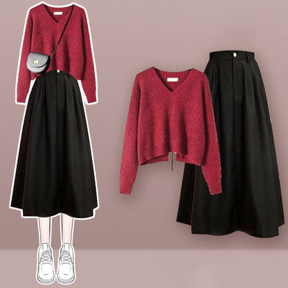 Chic Lace Up Knit Sweater A-line Skirt Set - Wine Red Set